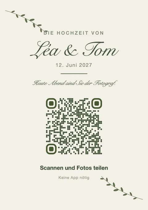 Ein Time to Flash Poster mit dem QR-Code zum Scannen und den Namen des Brautpaars.