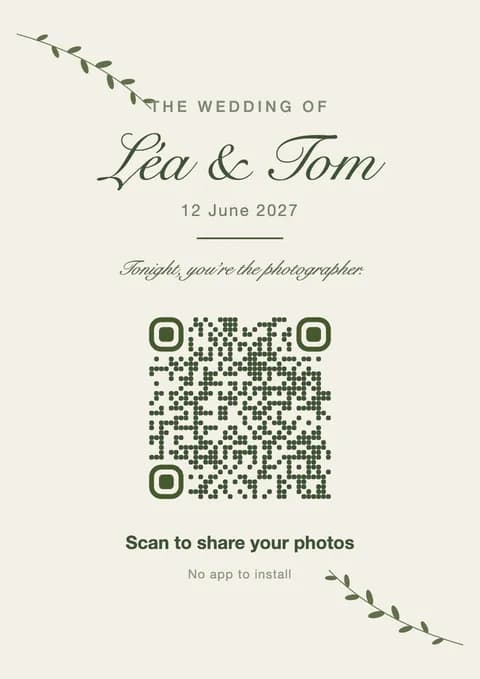 A Time to Flash poster with the QR code to scan, showing the couple’s names.