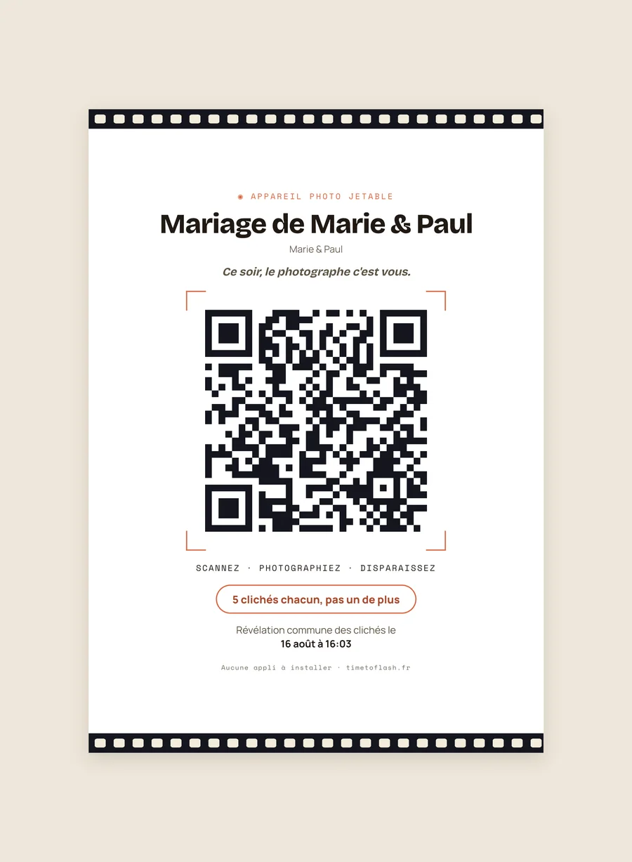 Affiche à poser sur les tables, avec le QR code du mariage