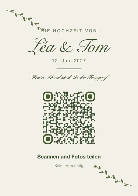 QR-Code-Poster mit grünen Zweigen und kalligrafischen Vornamen