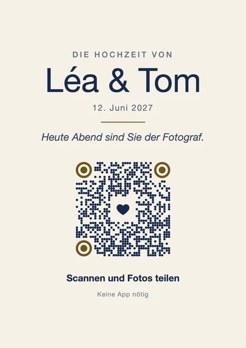 QR-Code-Poster in Nachtblau und Gold mit einem Herz in der Mitte des Codes
