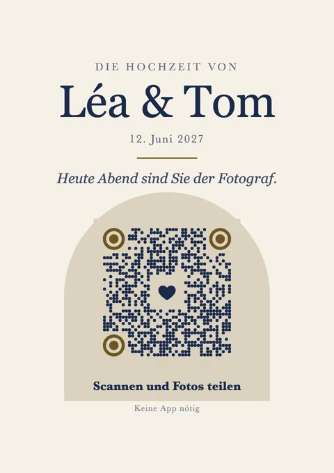 QR-Code-Poster mit beigem Bogen und klassischer Schrift