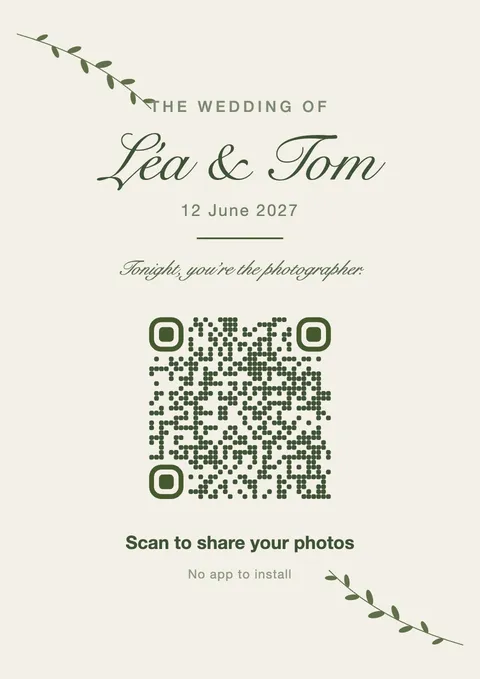 QR code poster with green foliage and calligraphy names