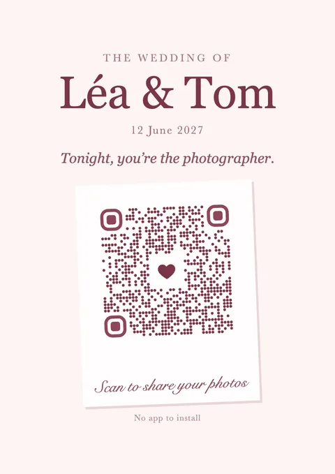 Burgundy QR code poster, the code set on a tilted card