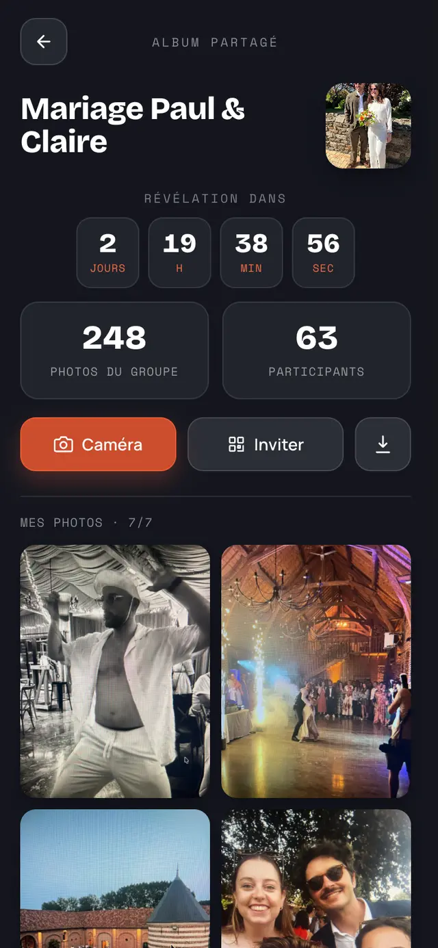 L'album partagé pendant la soirée : le compte à rebours avant la révélation et le nombre de participants.