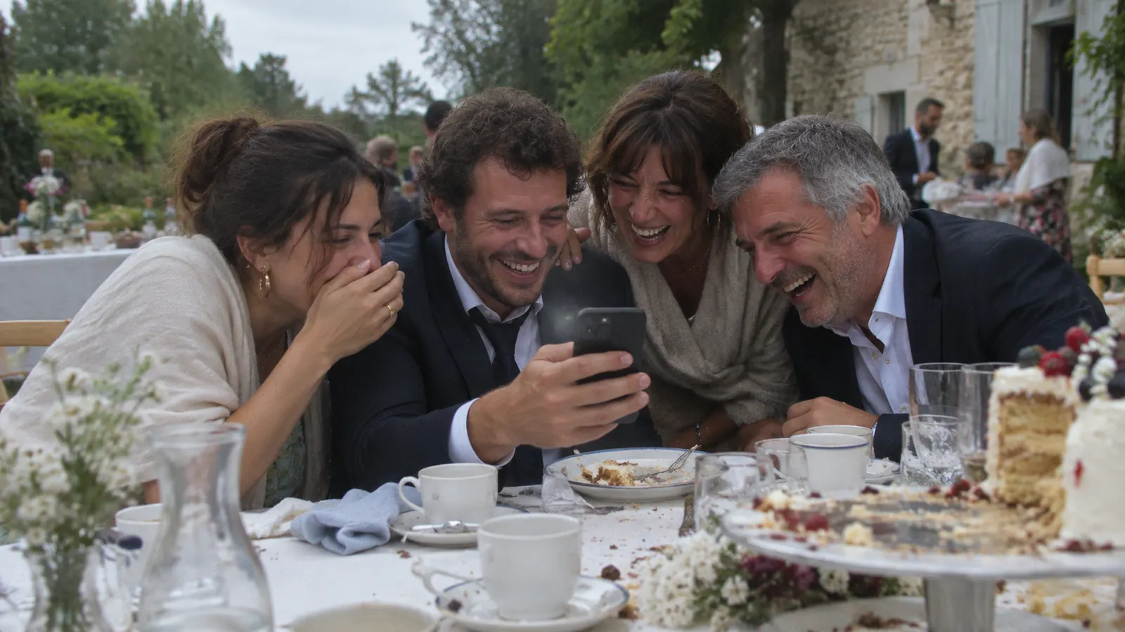 The day after the wedding, guests discover the photos together over brunch