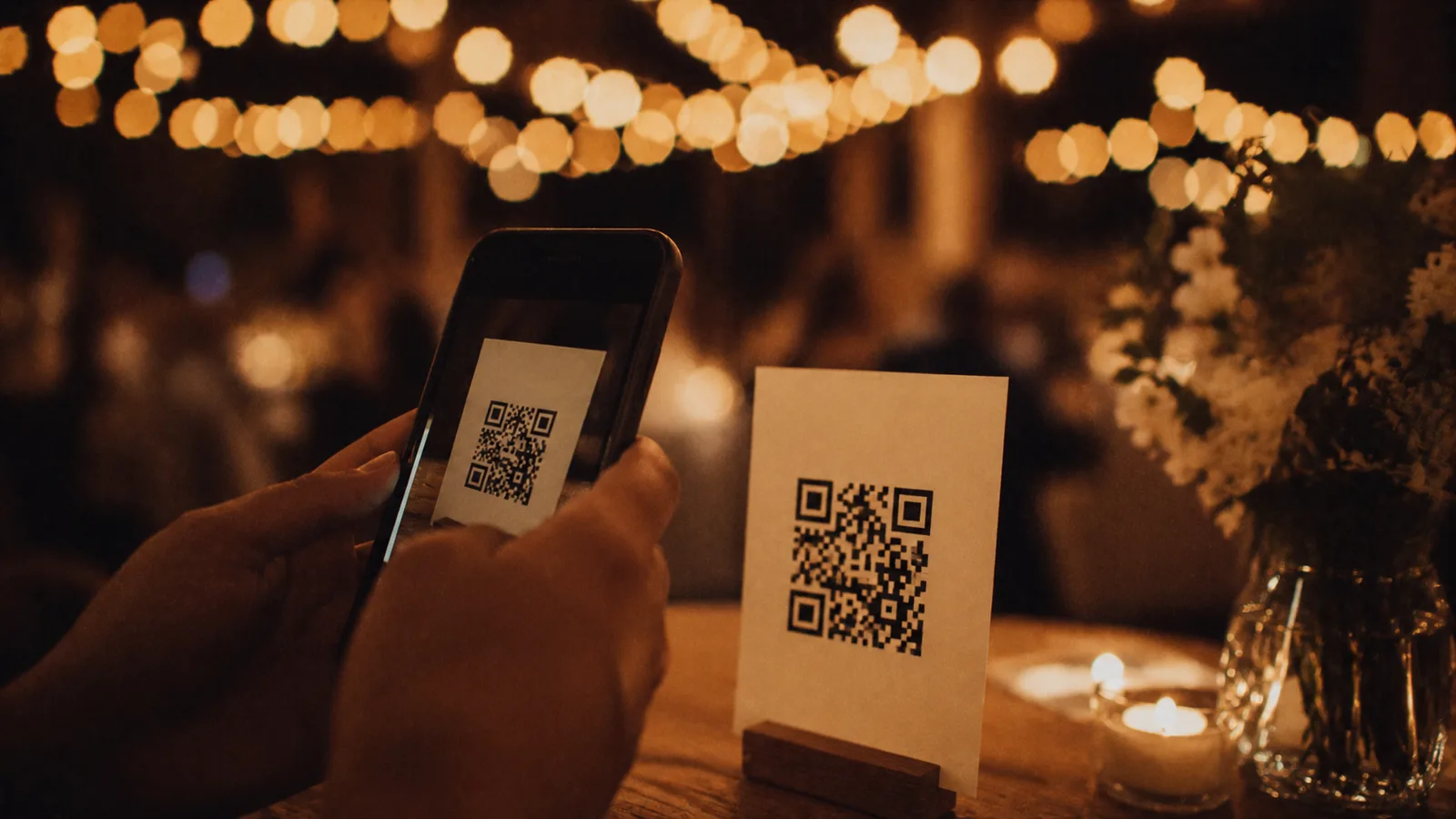 Un invité scanne un QR code posé sur une table, en soirée