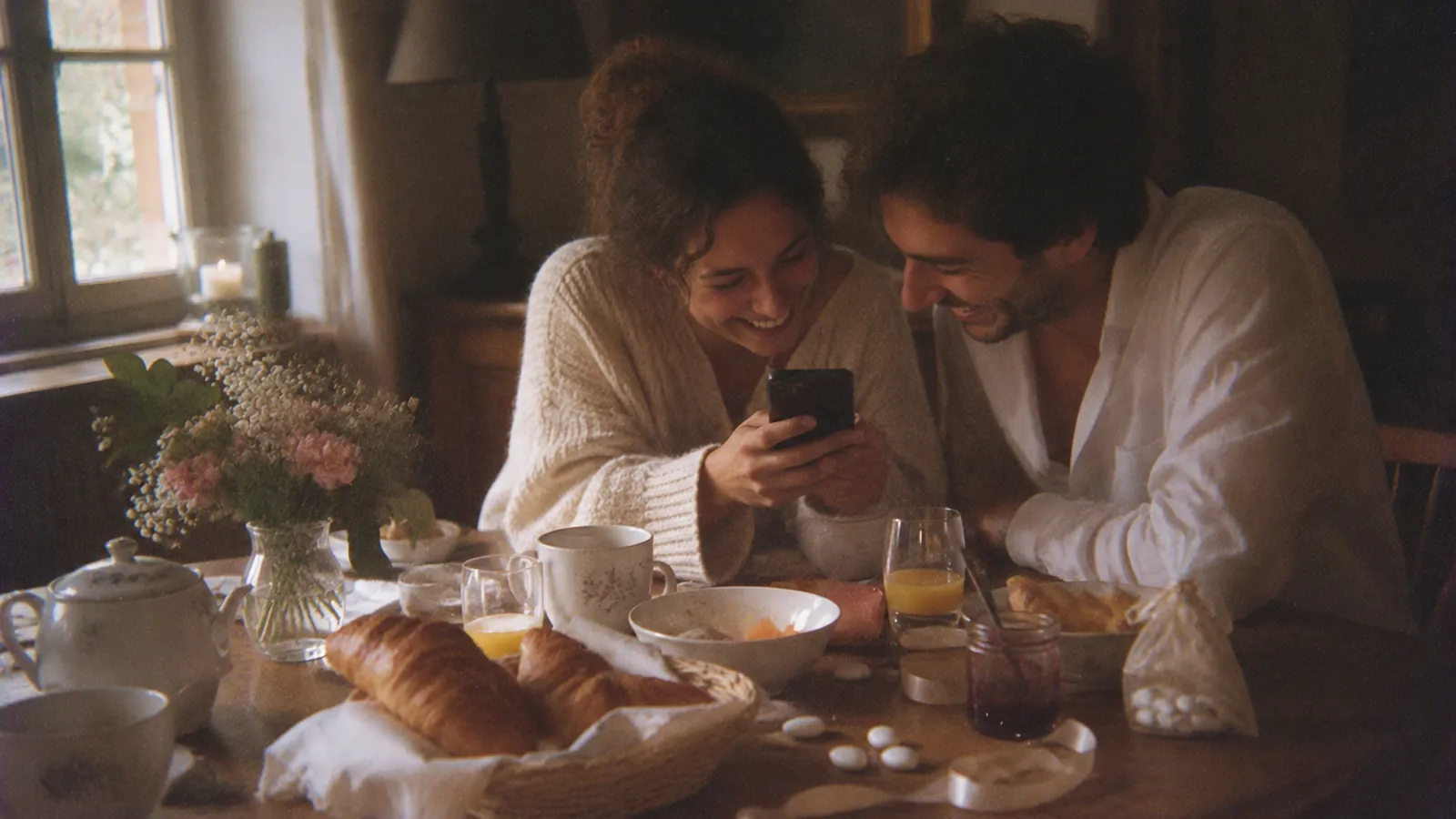 Ein frisch verheiratetes Paar schaut sich am Morgen nach der Hochzeit Fotos auf einem Handy an, am Frühstückstisch