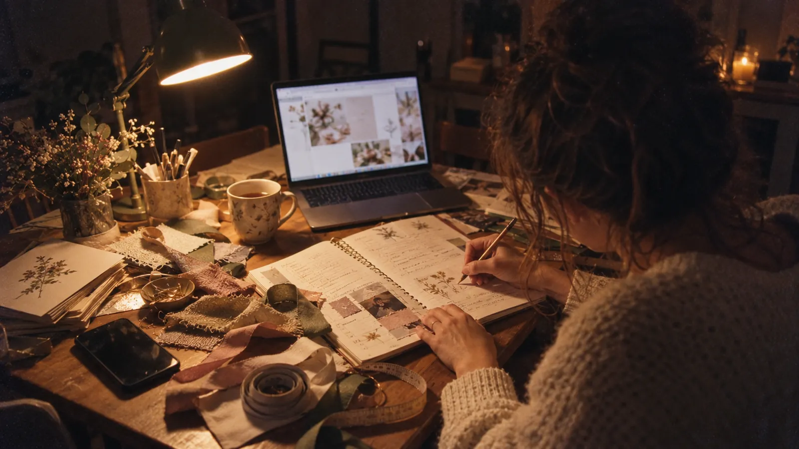 Un bureau à domicile le soir : un ordinateur portable ouvert sur un rétroplanning, des échantillons de tissu et un carnet de rendez-vous