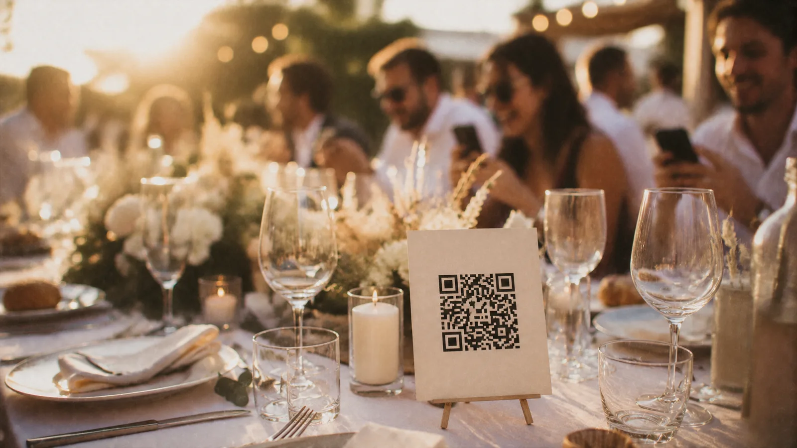 Un QR code posé sur une table de mariage au coucher du soleil