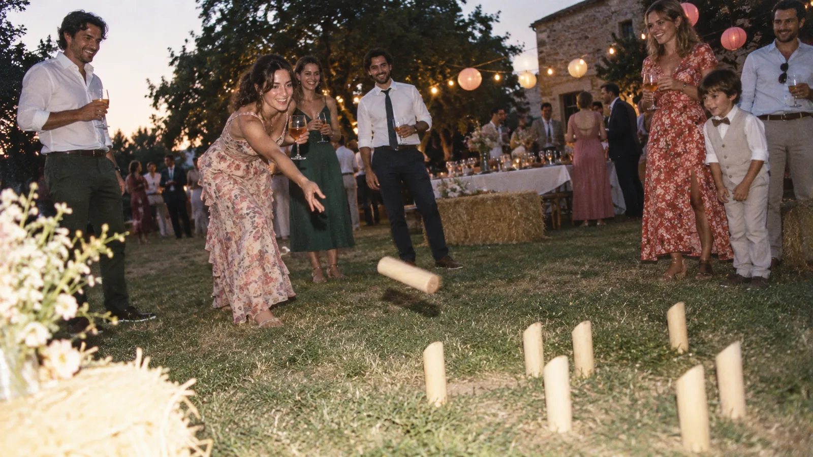 Guests playing a lawn game during a wedding cocktail hour