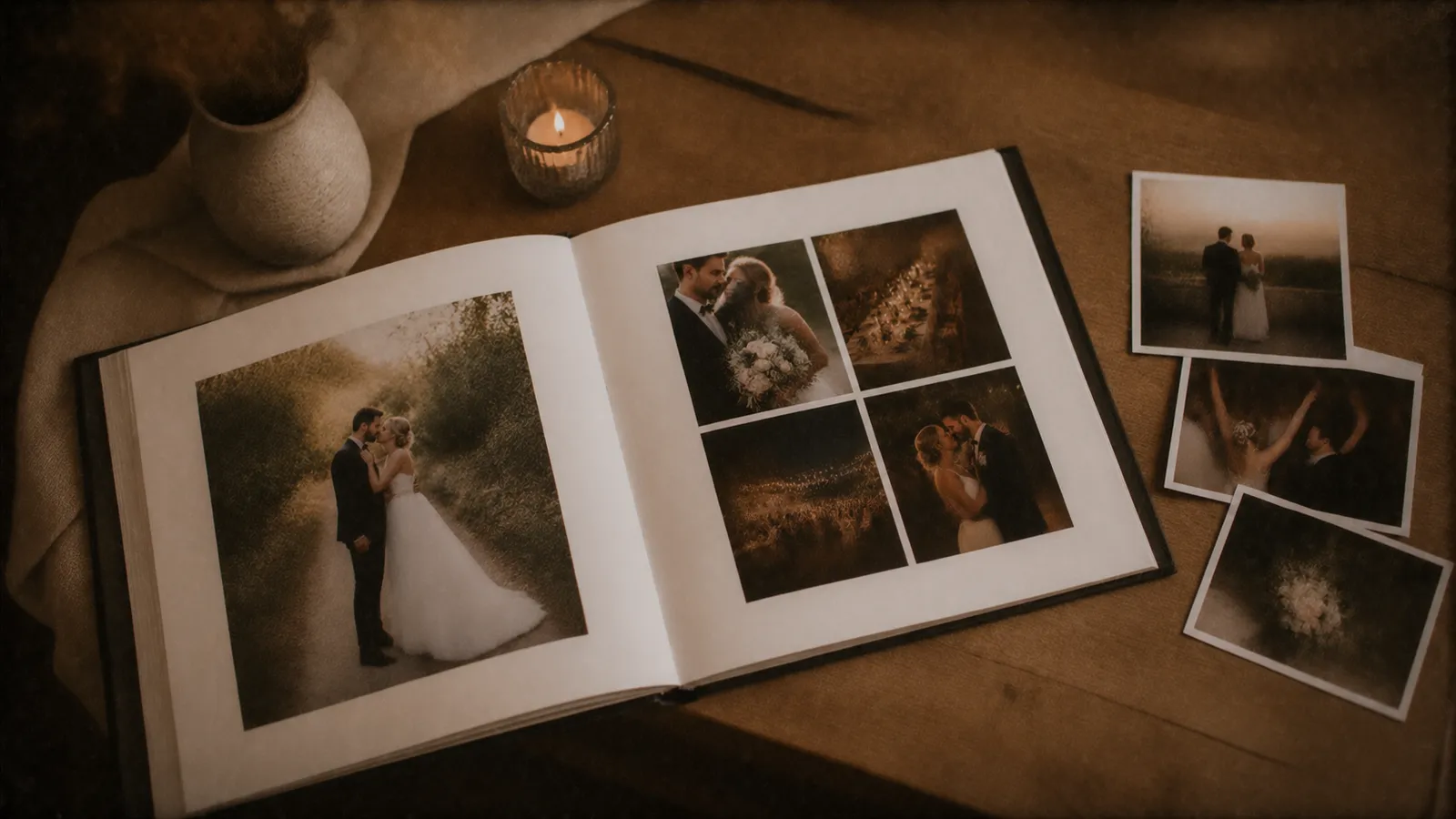 Un livre photo de mariage posé sur une table