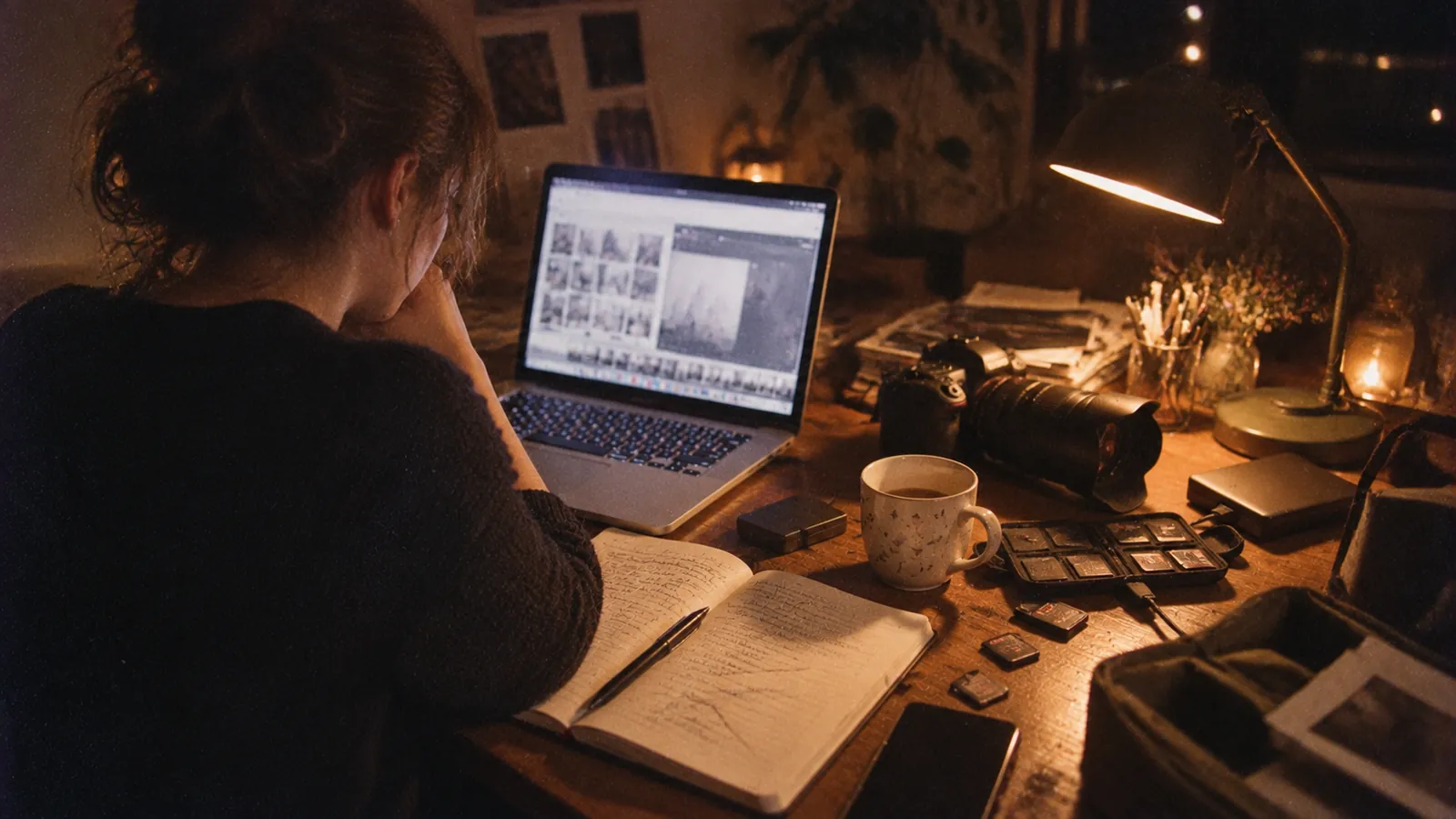 Ein aufgeklappter Laptop auf einem vollen Schreibtisch mit Speicherkarten und Festplatten, beleuchtet von einer Schreibtischlampe