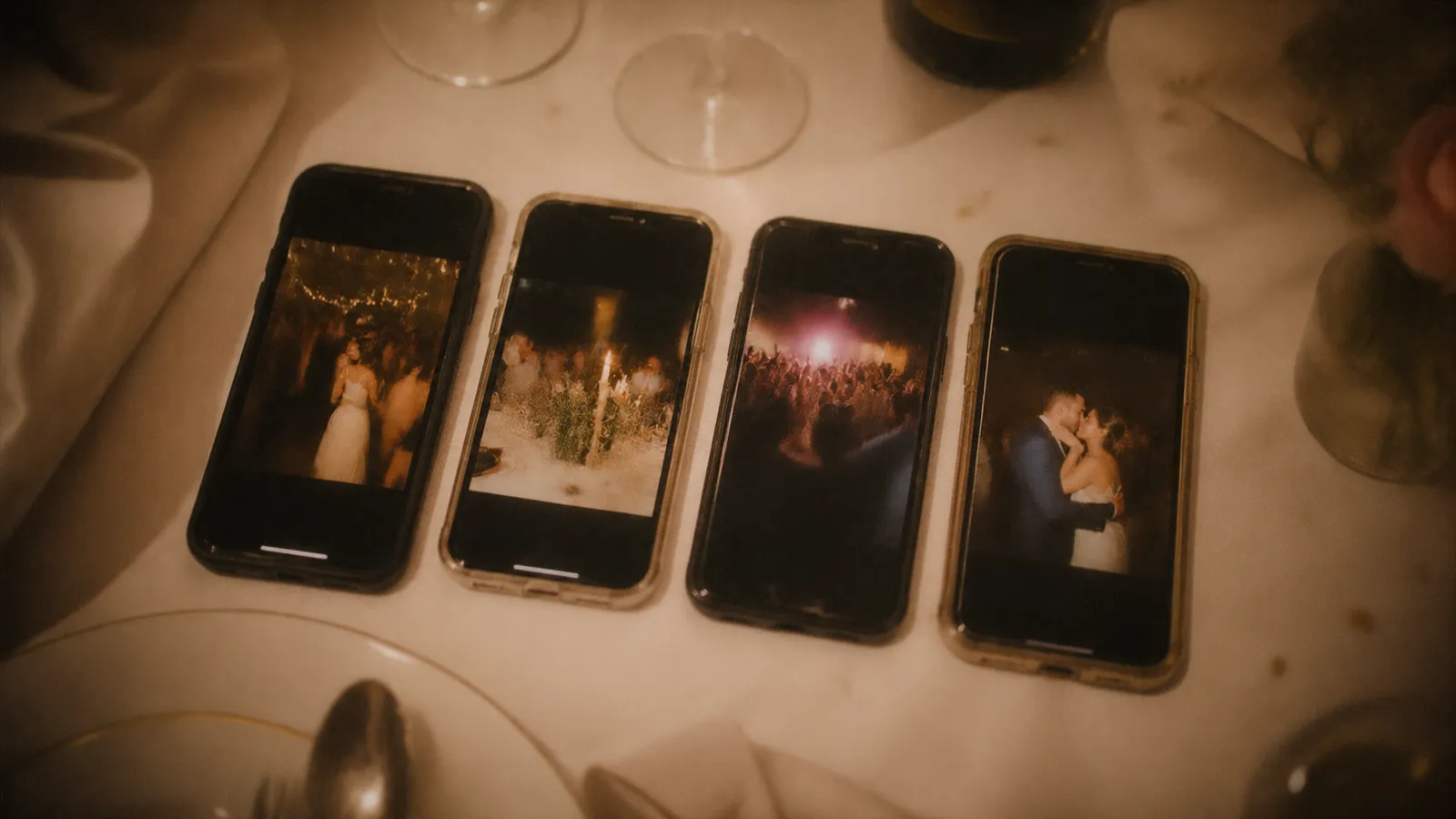 Plusieurs téléphones affichant des photos de mariage