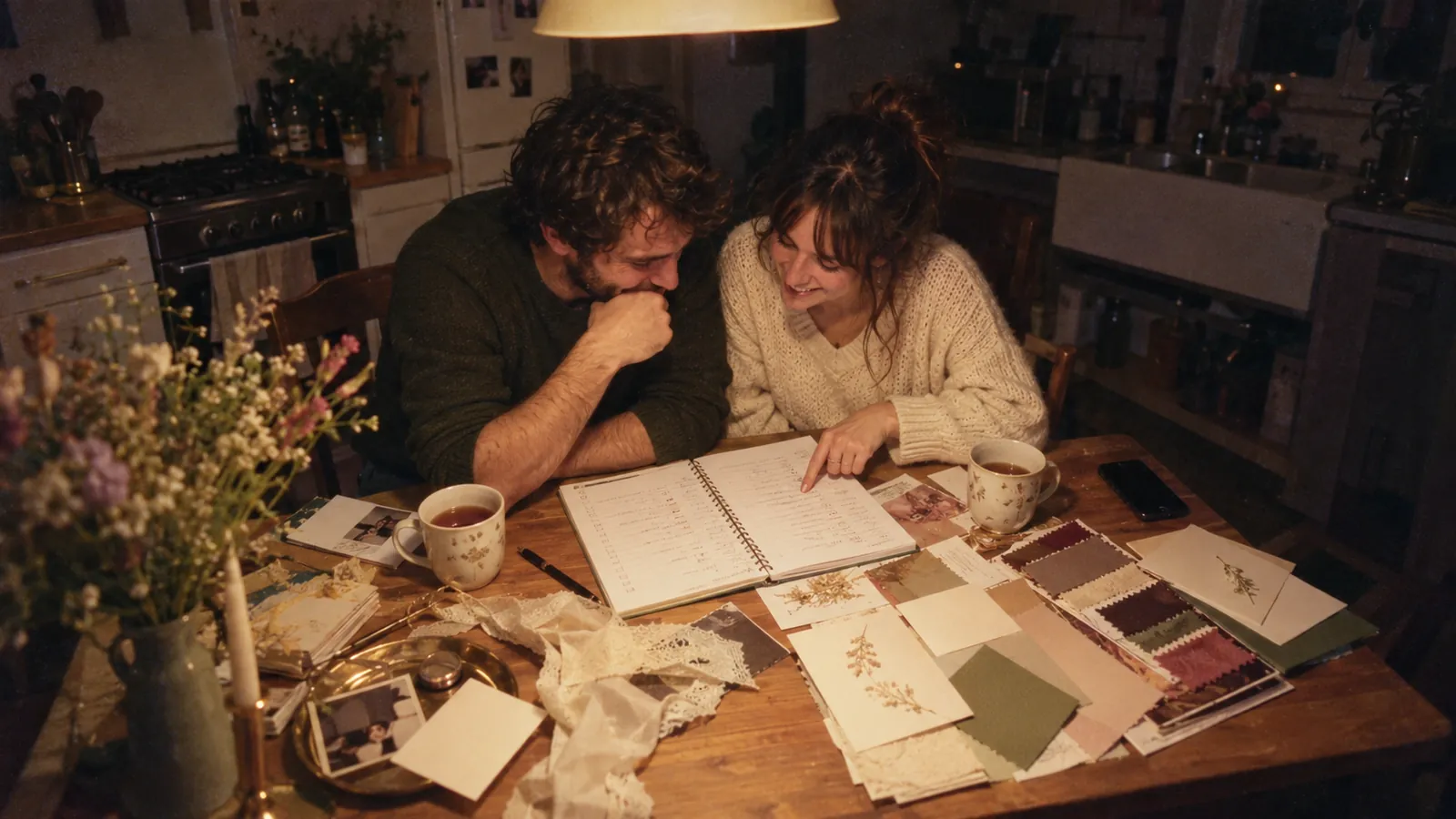 A couple leaning over a wedding planning notebook at the kitchen table in the evening