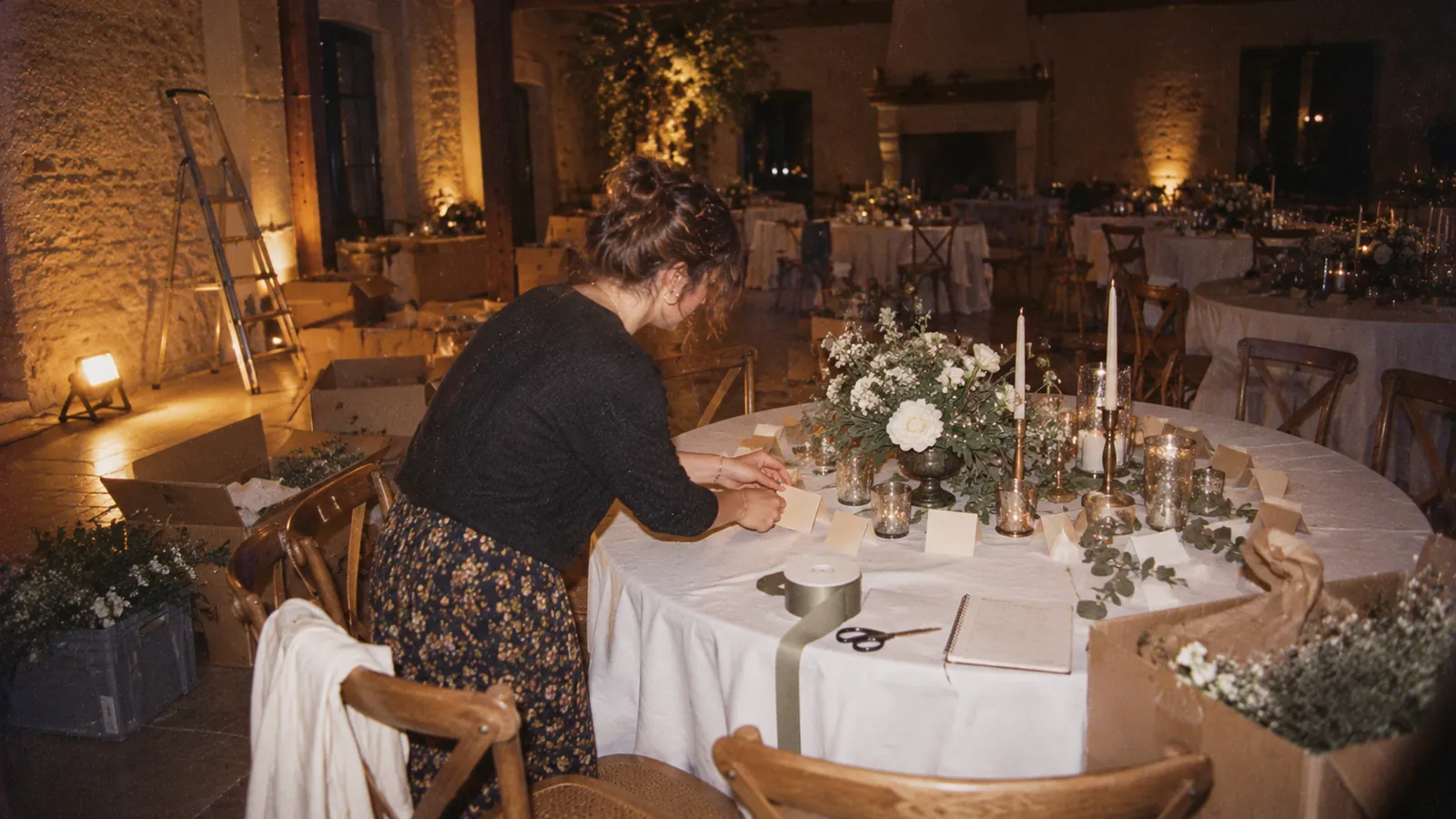 Une wedding planner pose des marque-places sur une table nappée de blanc, la veille d’un mariage, dans une salle encore en travaux