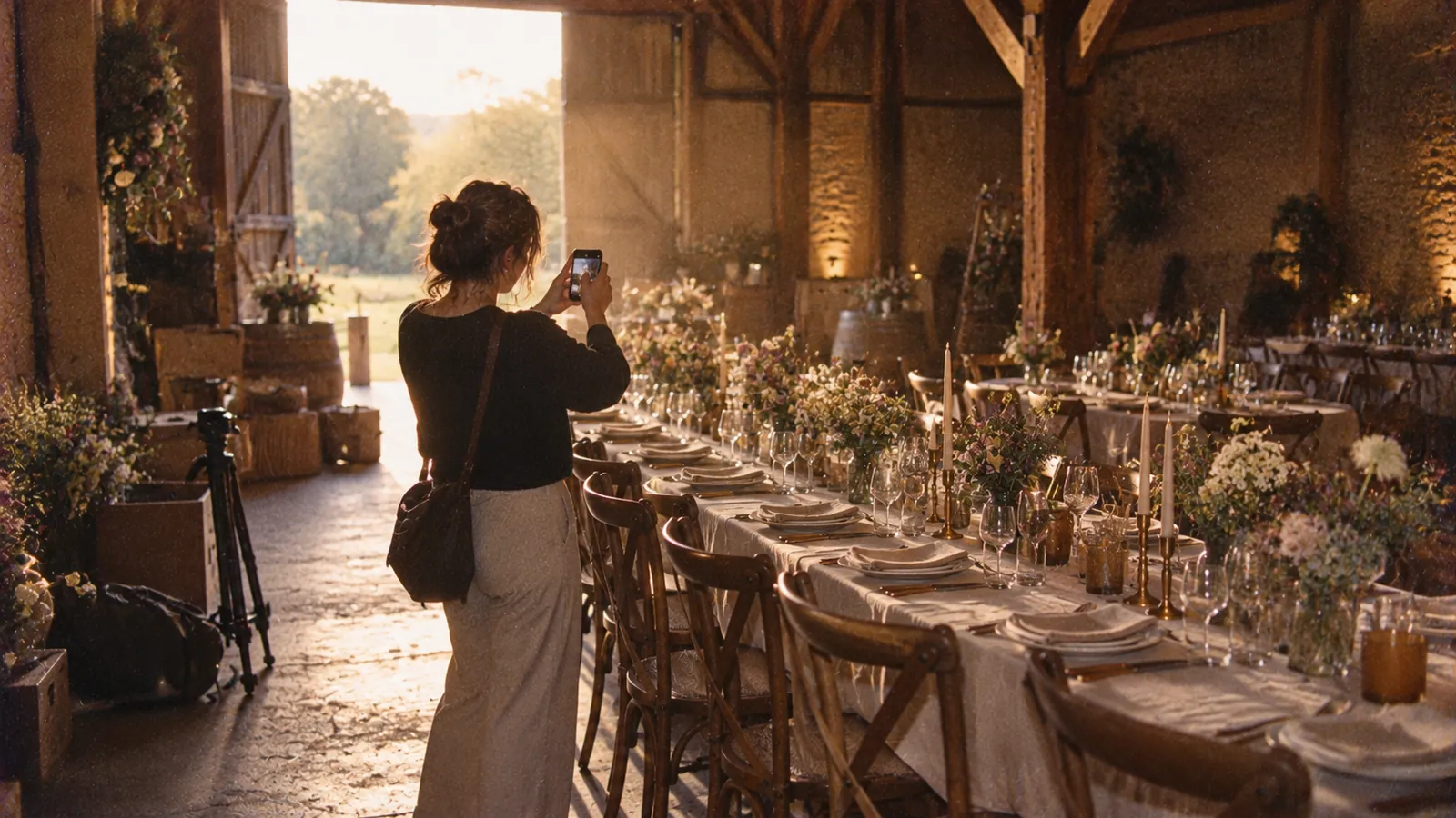 Une wedding planner photographie au téléphone une table dressée dans une grange, avant l’arrivée des invités